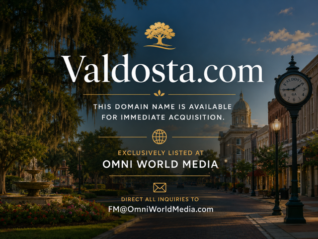 Valdosta.com — this domain name is available for immediate acquisition. Exclusively listed at Omni World Media. Direct all inquiries to FM@OmniWorldMedia.com.